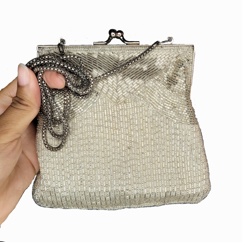 Vintage La Regale Silver Beaded Clutch Evening Handbag